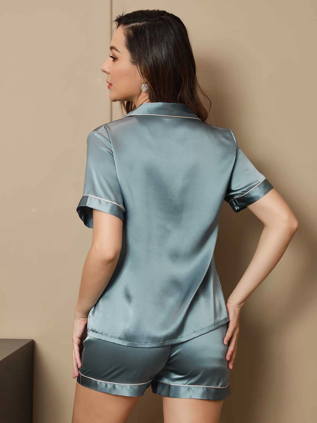 Pure Silk Short Sleeve Notch Collar Above the Knee Women's Pyjamas Set - Image 27