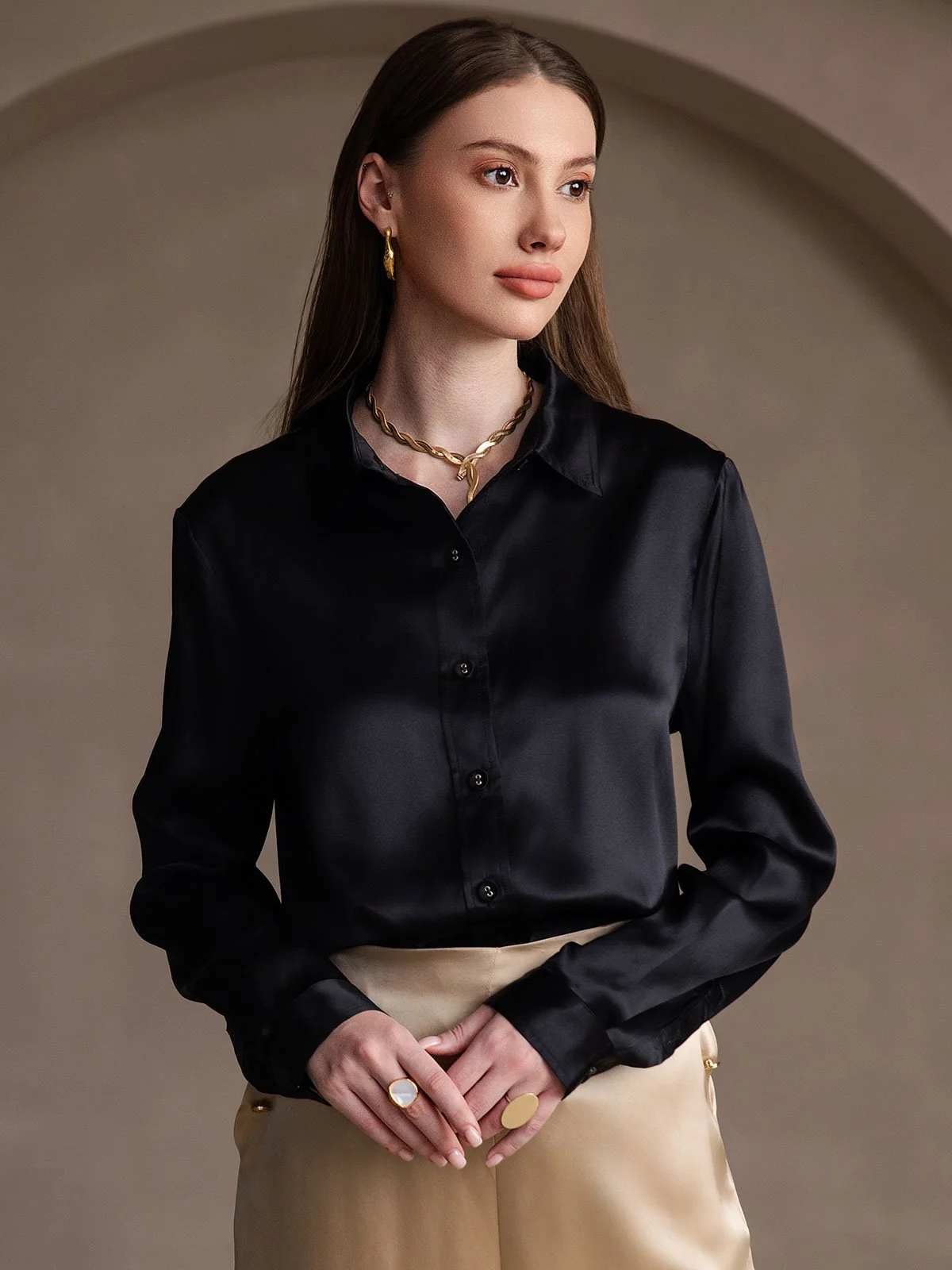 Clearance(Ships to UK Only) - 19Momme Silk Long Sleeve Lapel Collar Women's Shirt - Image 11