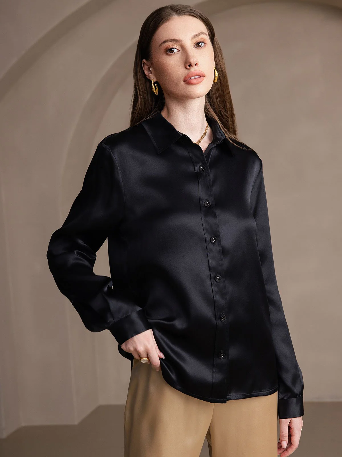 Clearance(Ships to UK Only) - 19Momme Silk Long Sleeve Lapel Collar Women's Shirt - Image 12