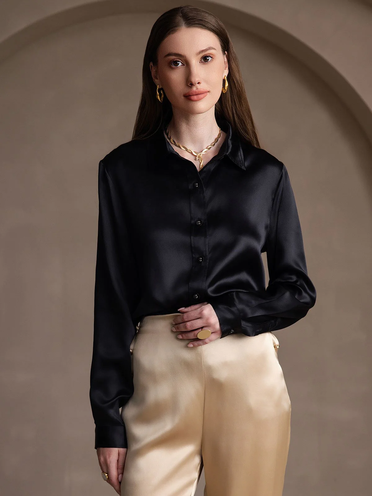 Clearance(Ships to UK Only) - 19Momme Silk Long Sleeve Lapel Collar Women's Shirt - Image 14
