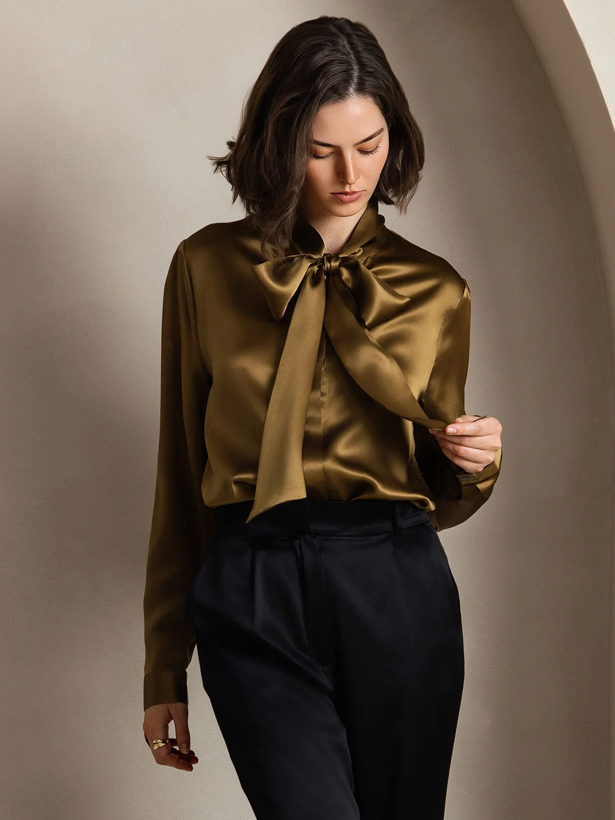 19Momme Silk Long Sleeve Tie Neck Blouse - Image 13
