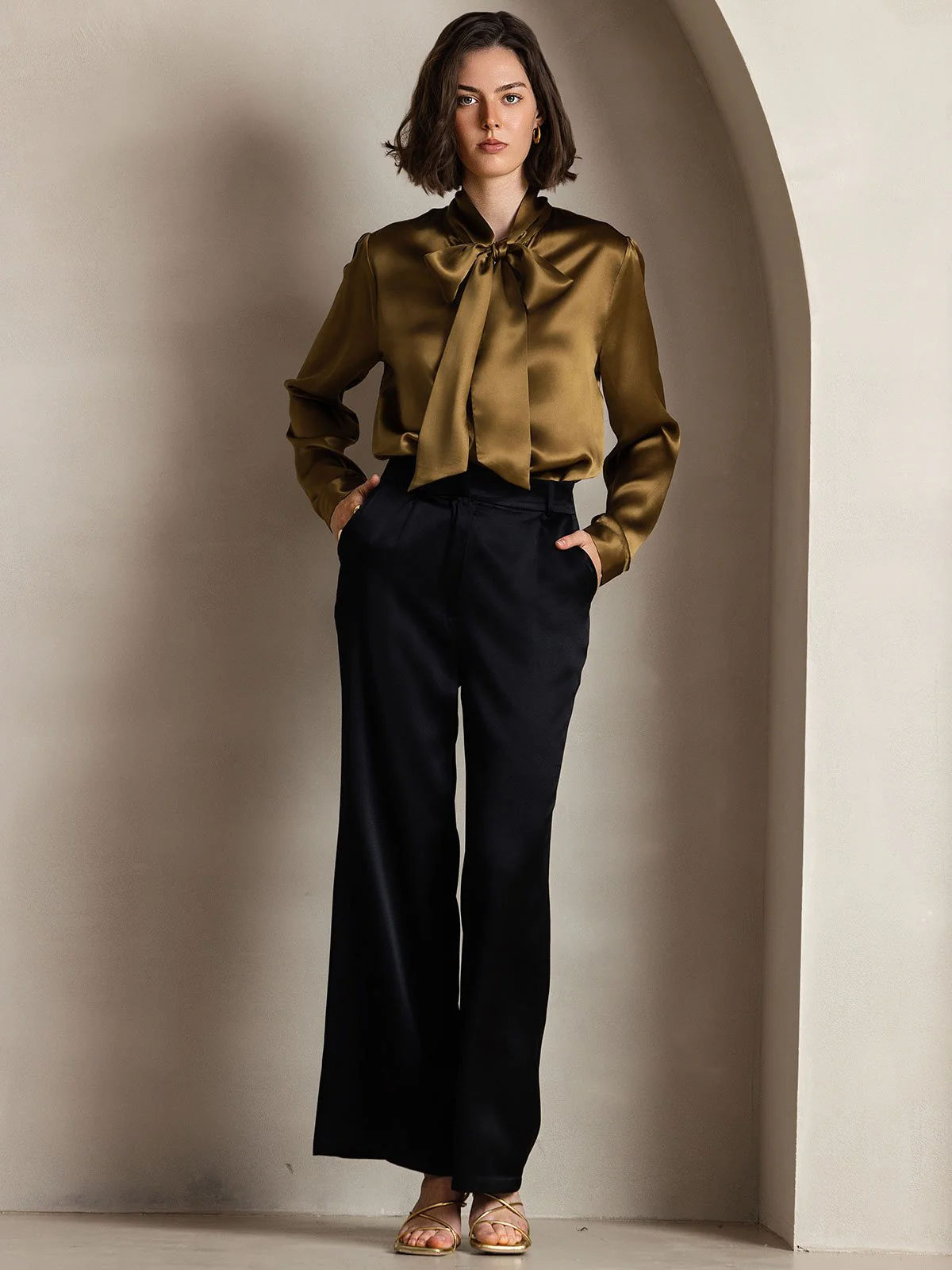 19Momme Silk Long Sleeve Tie Neck Blouse - Image 15