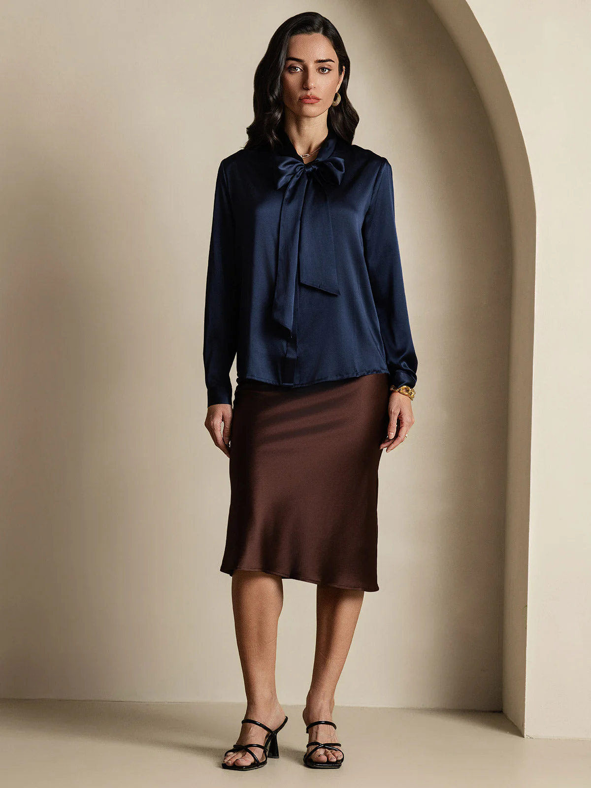 19Momme Silk Long Sleeve Tie Neck Blouse - Image 22