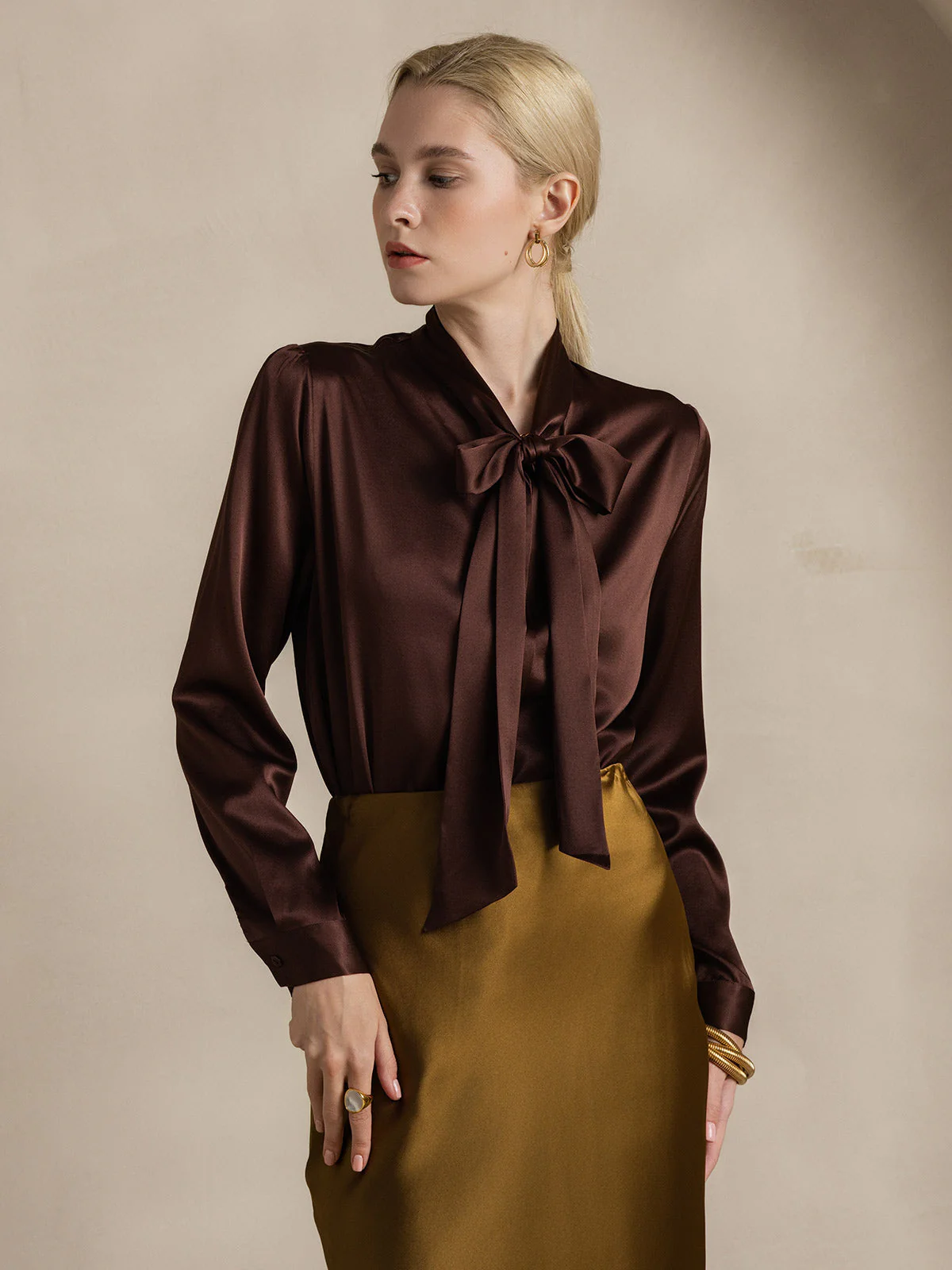 19Momme Silk Long Sleeve Tie Neck Blouse - Image 25