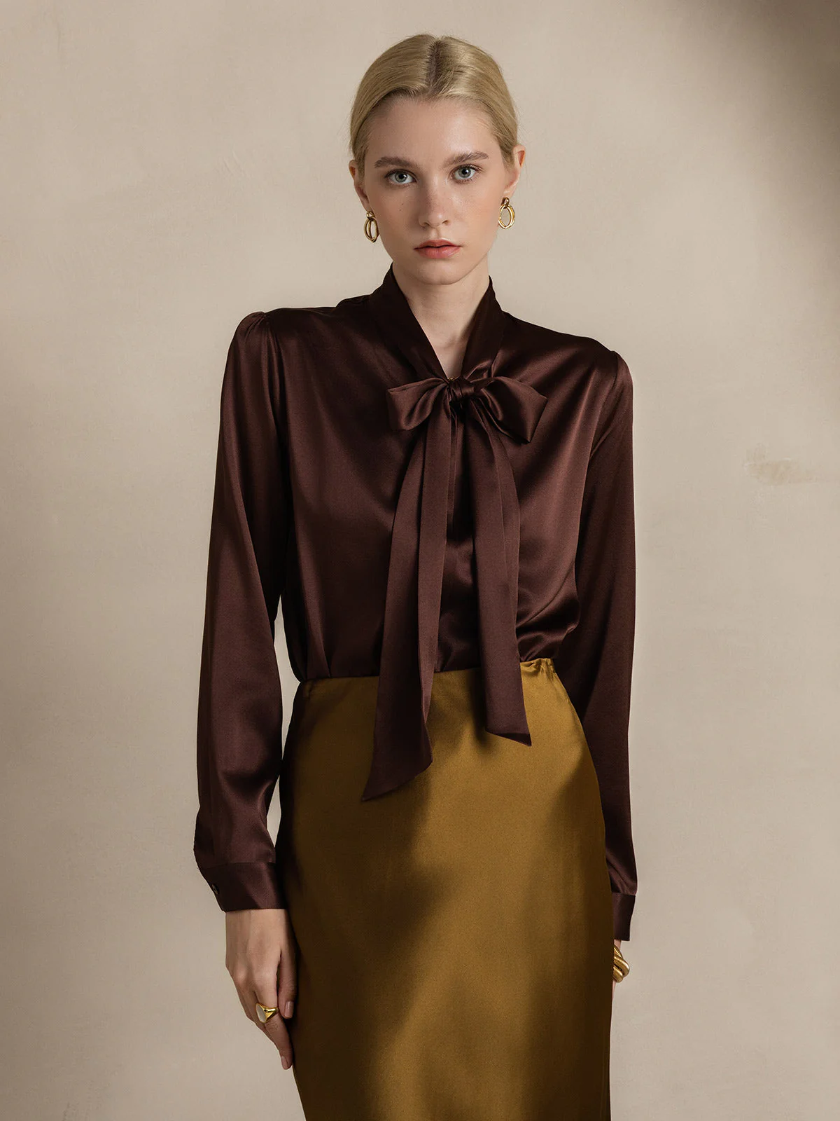 19Momme Silk Long Sleeve Tie Neck Blouse - Image 27