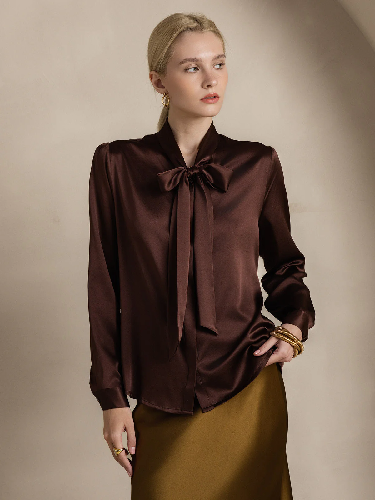 19Momme Silk Long Sleeve Tie Neck Blouse - Image 29
