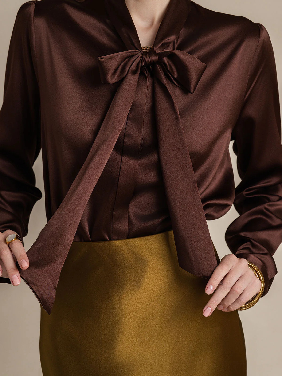 19Momme Silk Long Sleeve Tie Neck Blouse - Image 32
