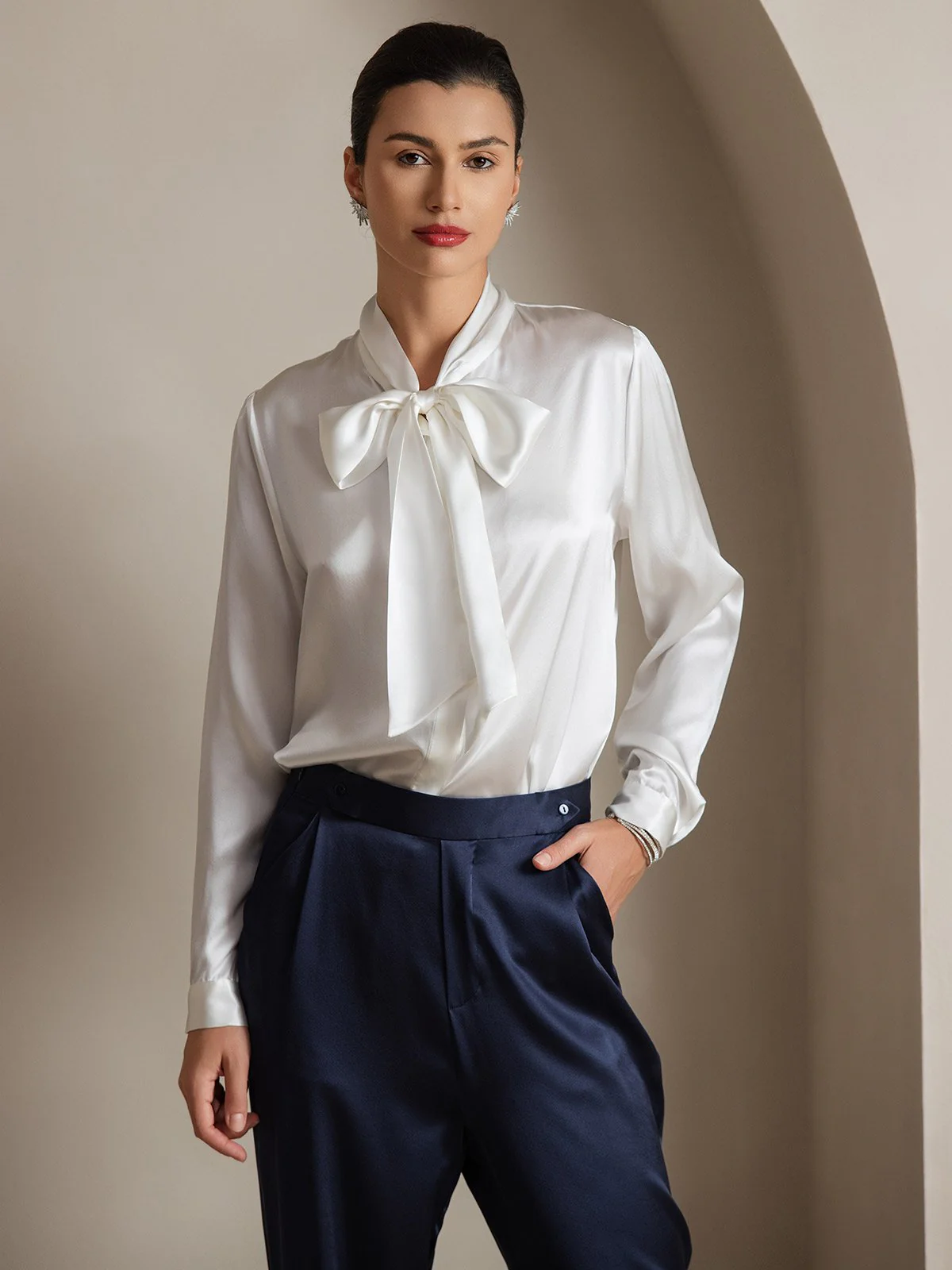 19Momme Silk Long Sleeve Tie Neck Blouse - Image 35