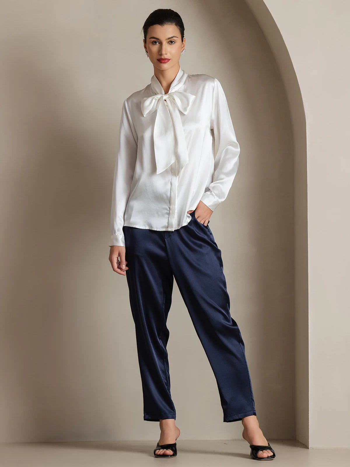 19Momme Silk Long Sleeve Tie Neck Blouse - Image 36