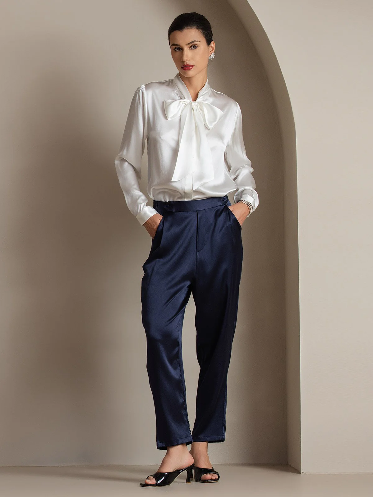 19Momme Silk Long Sleeve Tie Neck Blouse - Image 39