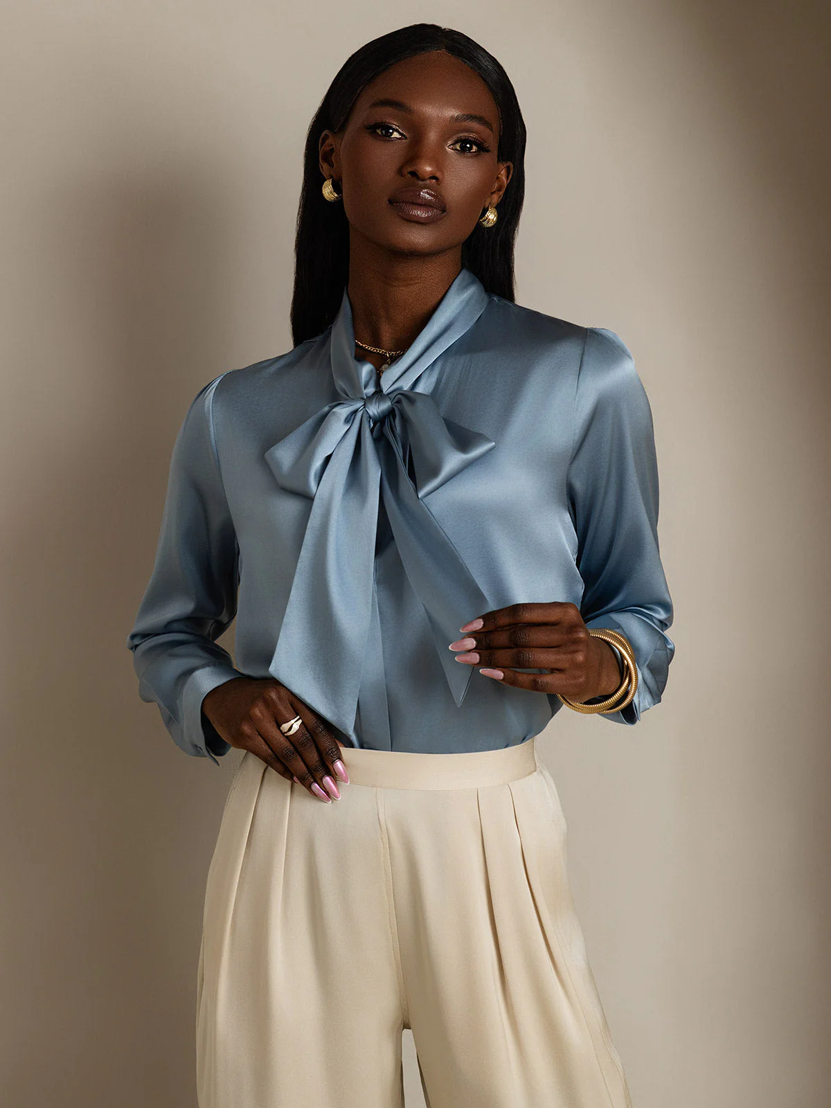 19Momme Silk Long Sleeve Tie Neck Blouse - Image 4