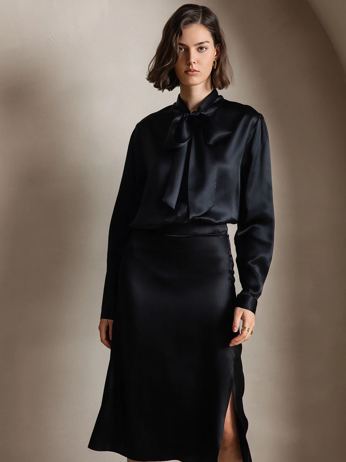 19Momme Silk Long Sleeve Tie Neck Blouse - Image 43