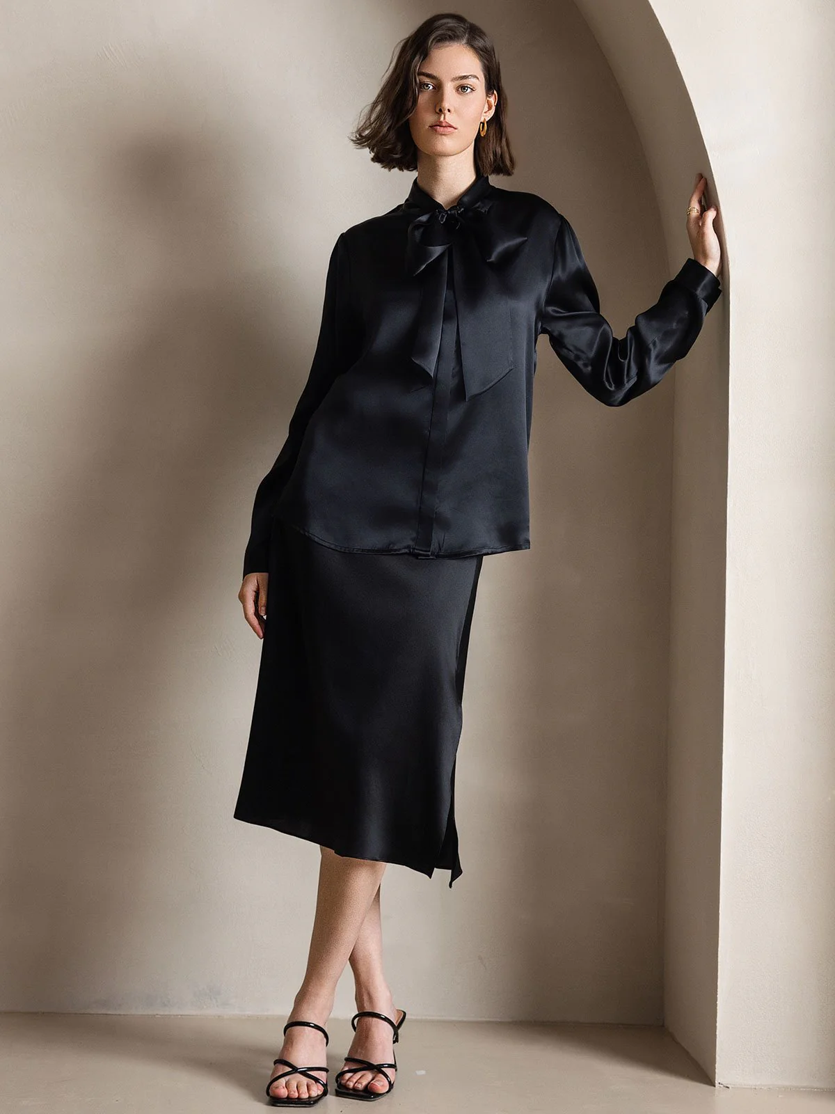 19Momme Silk Long Sleeve Tie Neck Blouse - Image 45