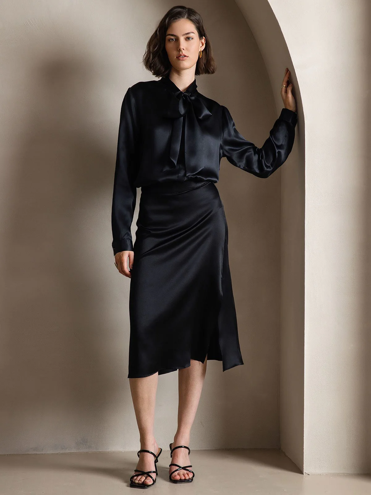 19Momme Silk Long Sleeve Tie Neck Blouse - Image 46