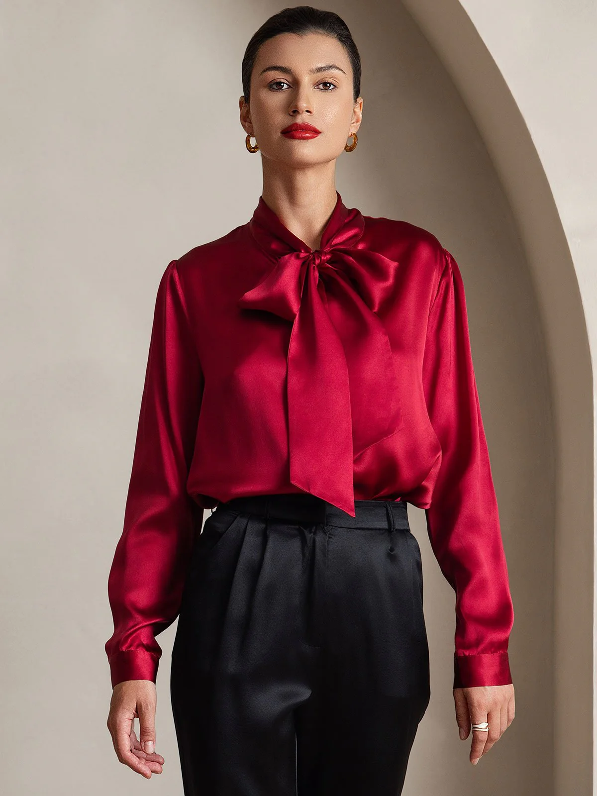 19Momme Silk Long Sleeve Tie Neck Blouse - Image 47