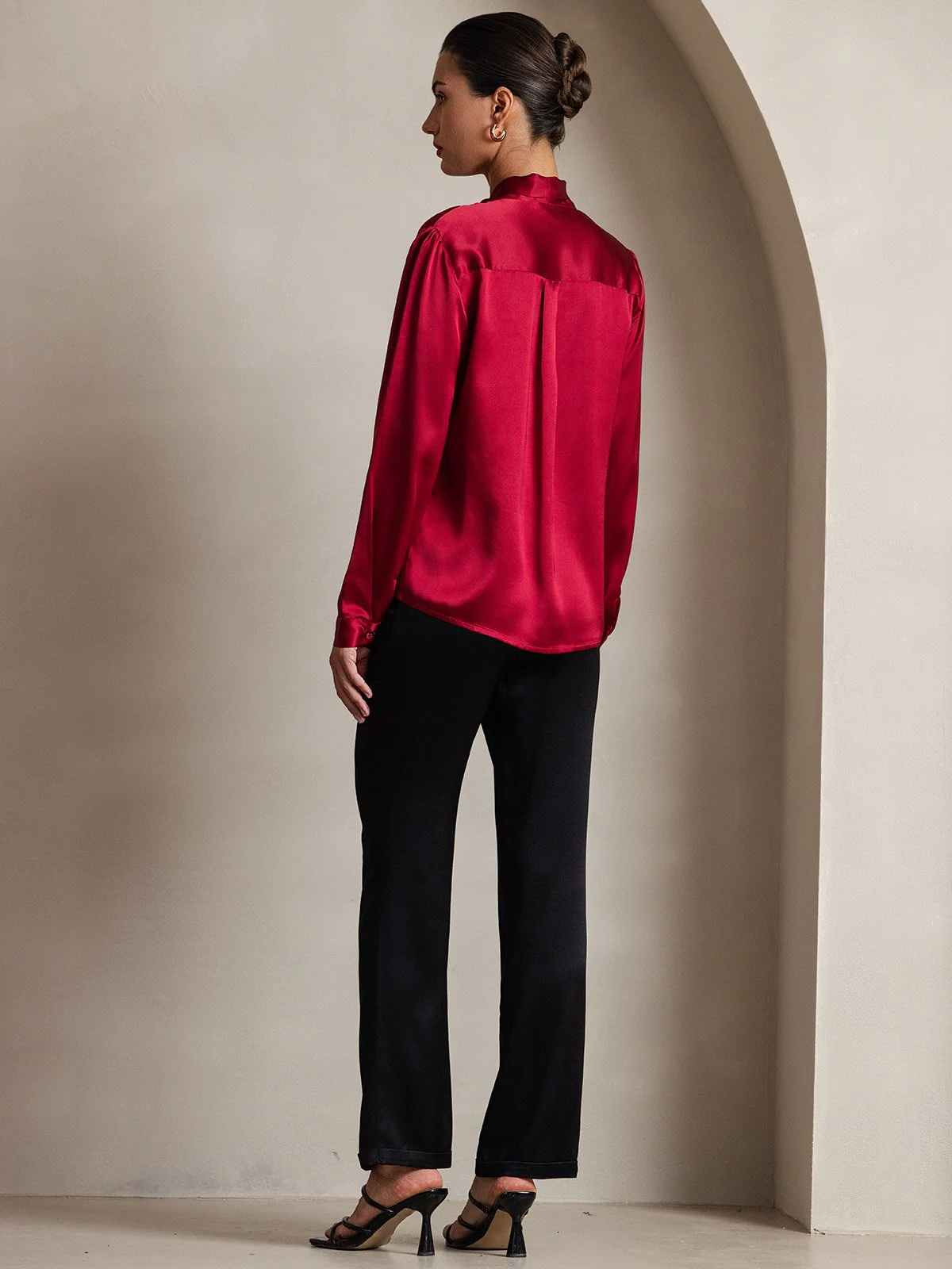 19Momme Silk Long Sleeve Tie Neck Blouse - Image 48