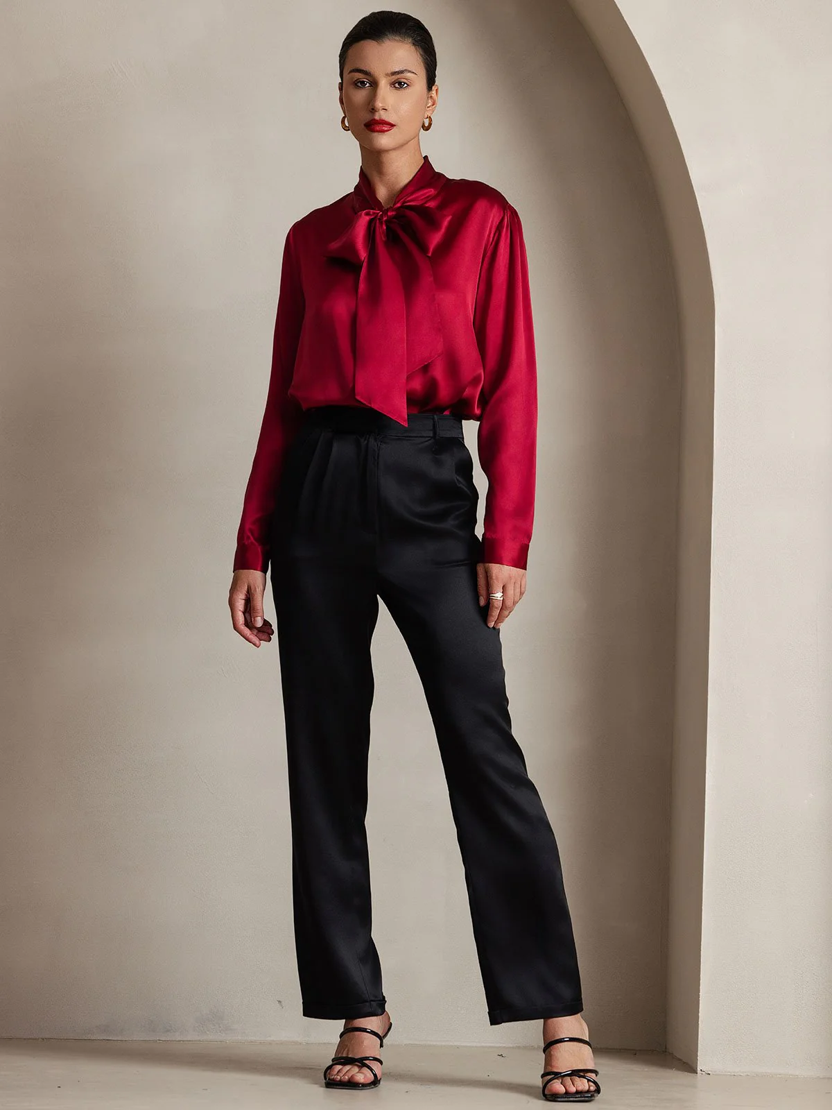 19Momme Silk Long Sleeve Tie Neck Blouse - Image 49