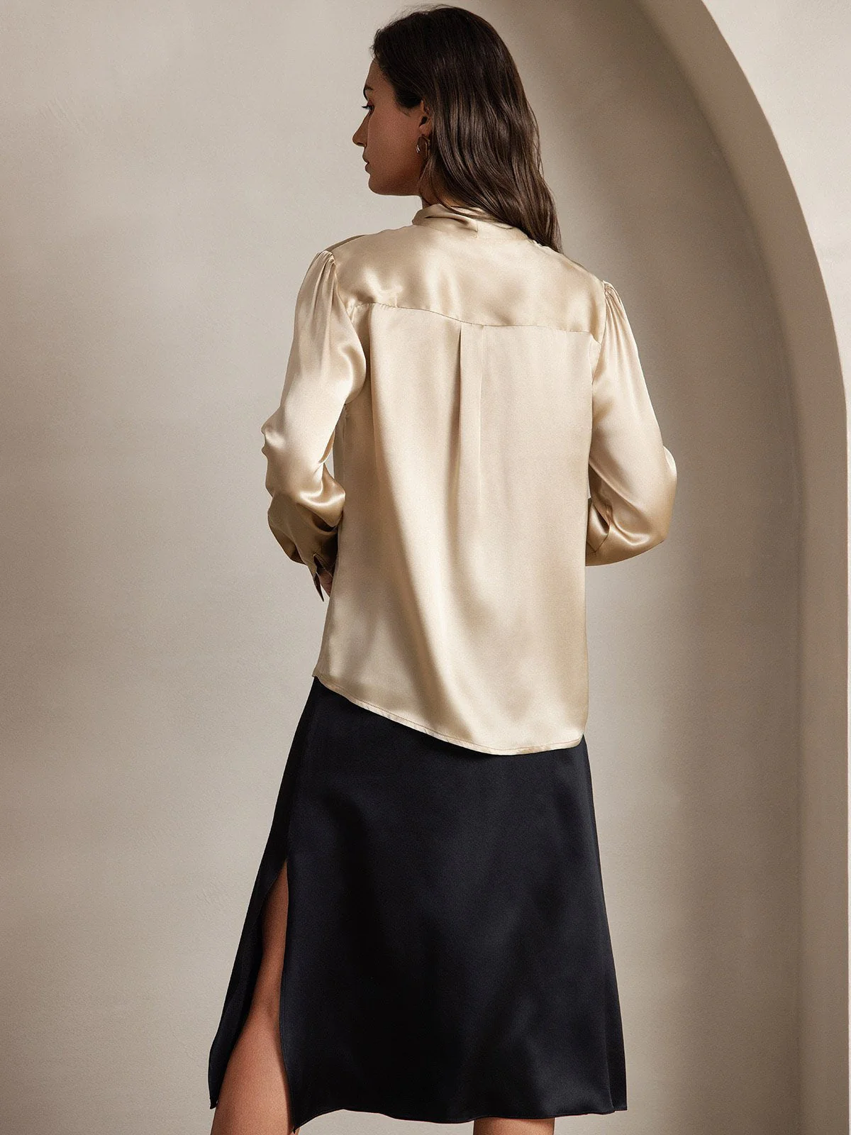 19Momme Silk Long Sleeve Tie Neck Blouse - Image 54