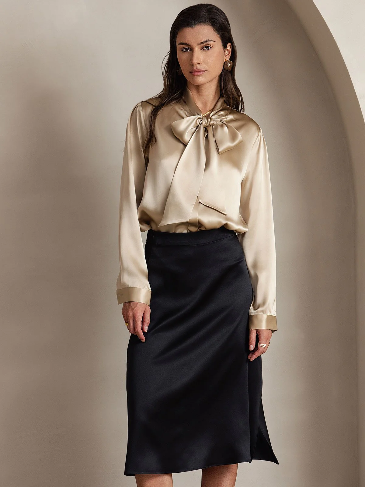 19Momme Silk Long Sleeve Tie Neck Blouse - Image 56