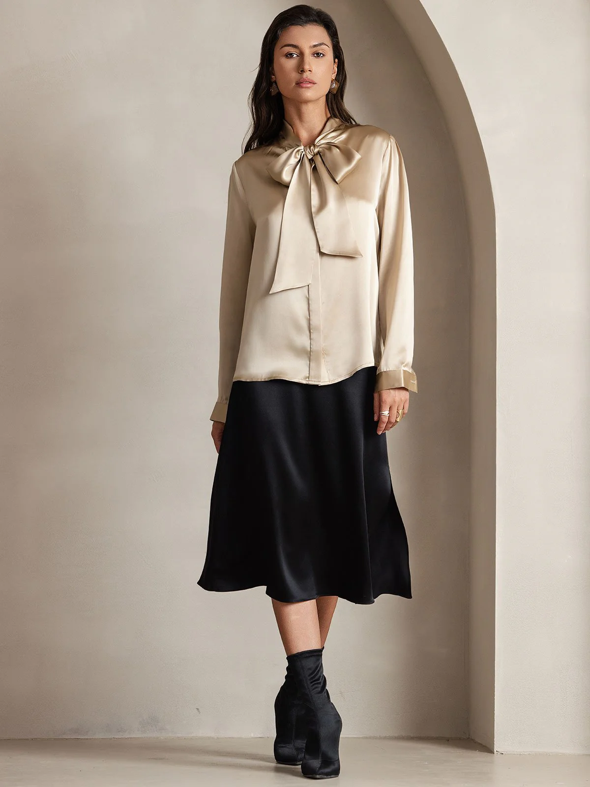 19Momme Silk Long Sleeve Tie Neck Blouse - Image 57