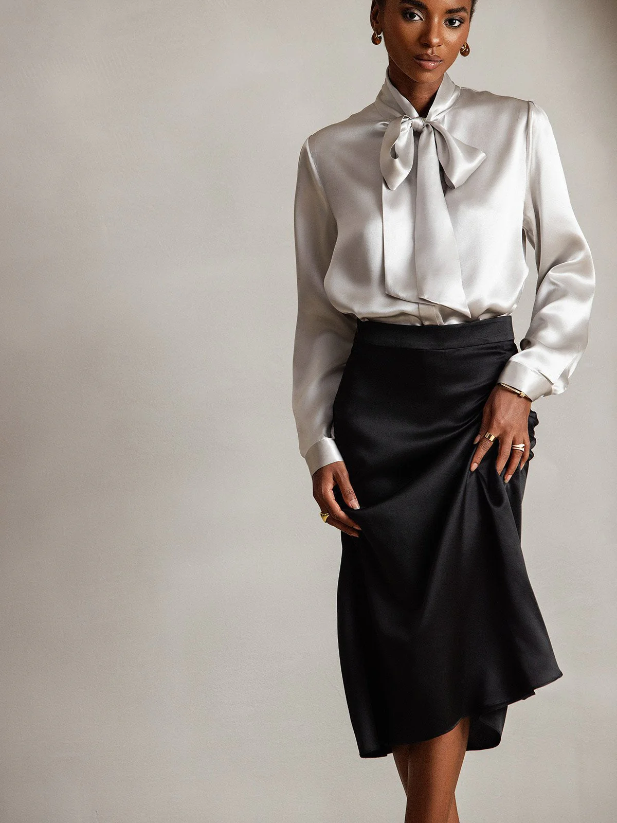 19Momme Silk Long Sleeve Tie Neck Blouse - Image 59