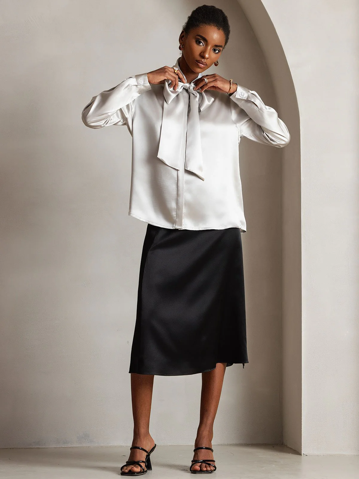 19Momme Silk Long Sleeve Tie Neck Blouse - Image 62