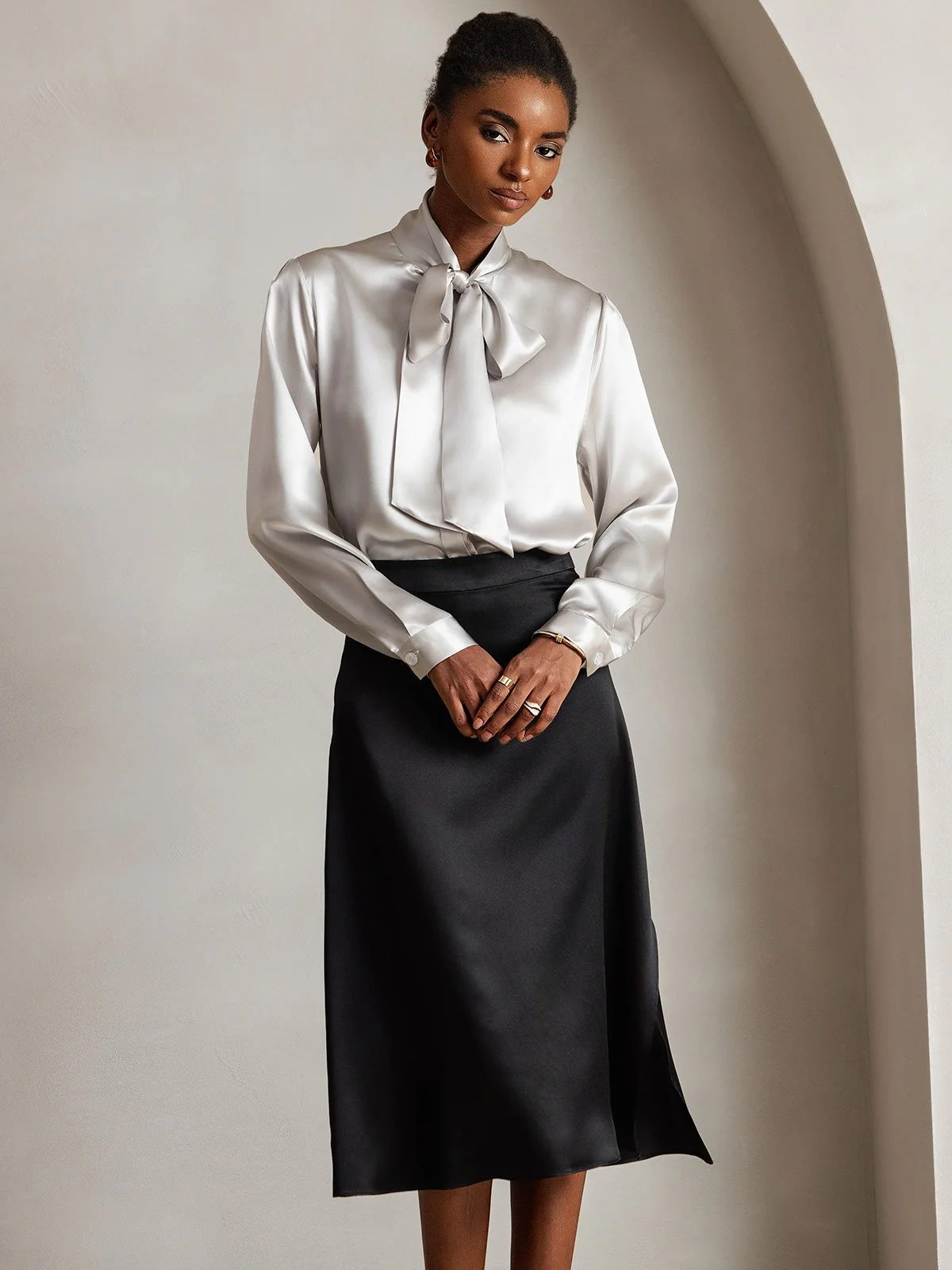 19Momme Silk Long Sleeve Tie Neck Blouse - Image 63