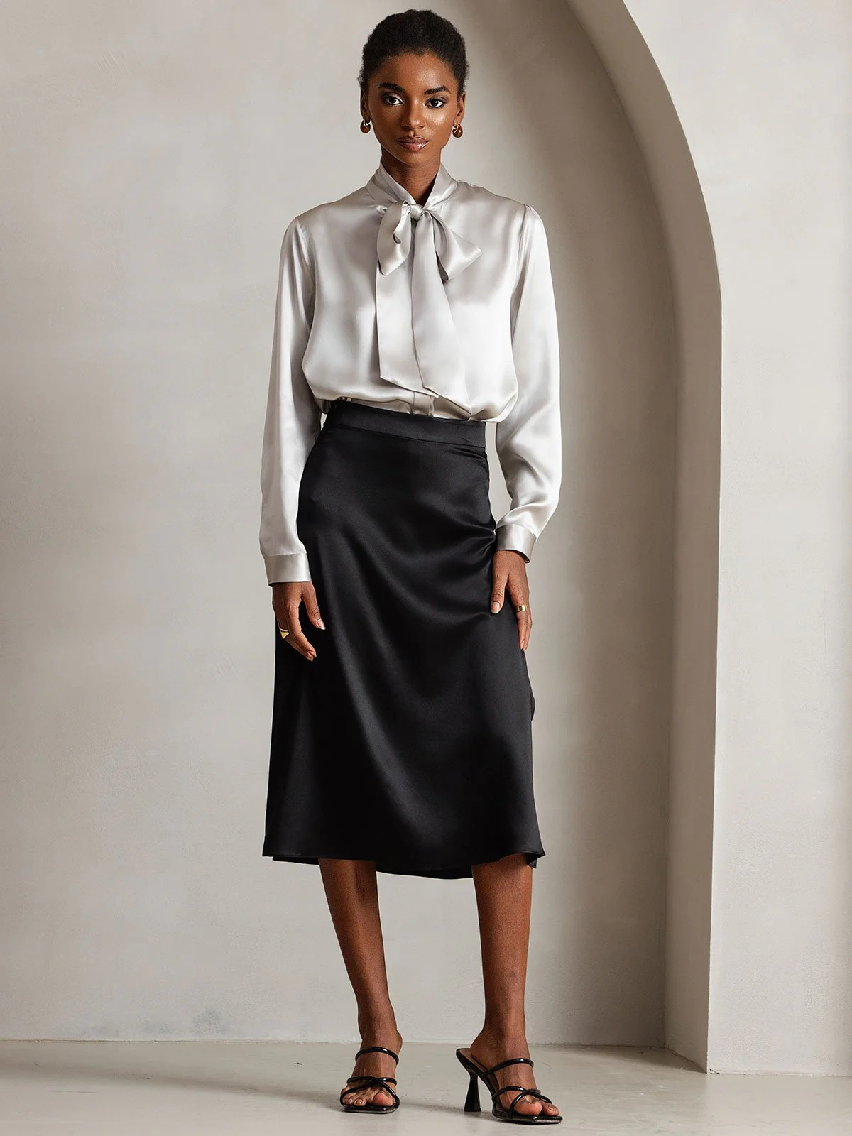 19Momme Silk Long Sleeve Tie Neck Blouse - Image 64