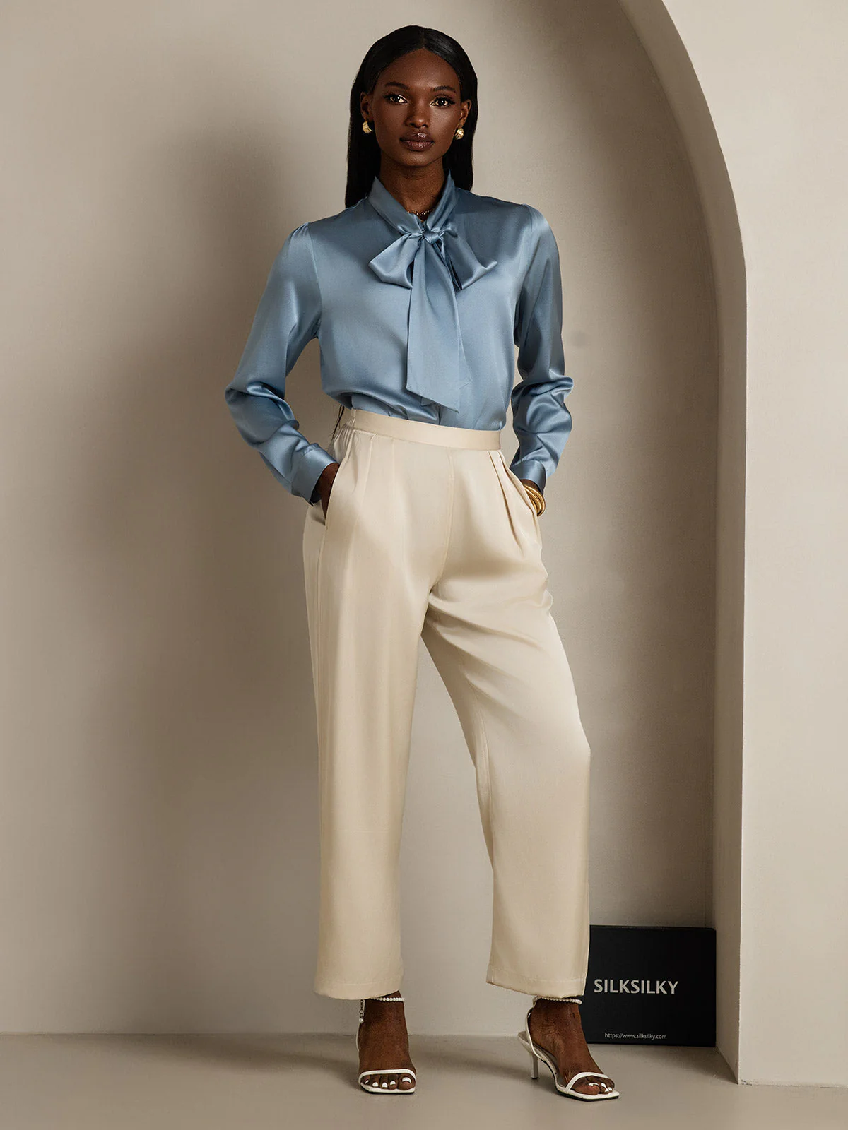 19Momme Silk Long Sleeve Tie Neck Blouse - Image 7
