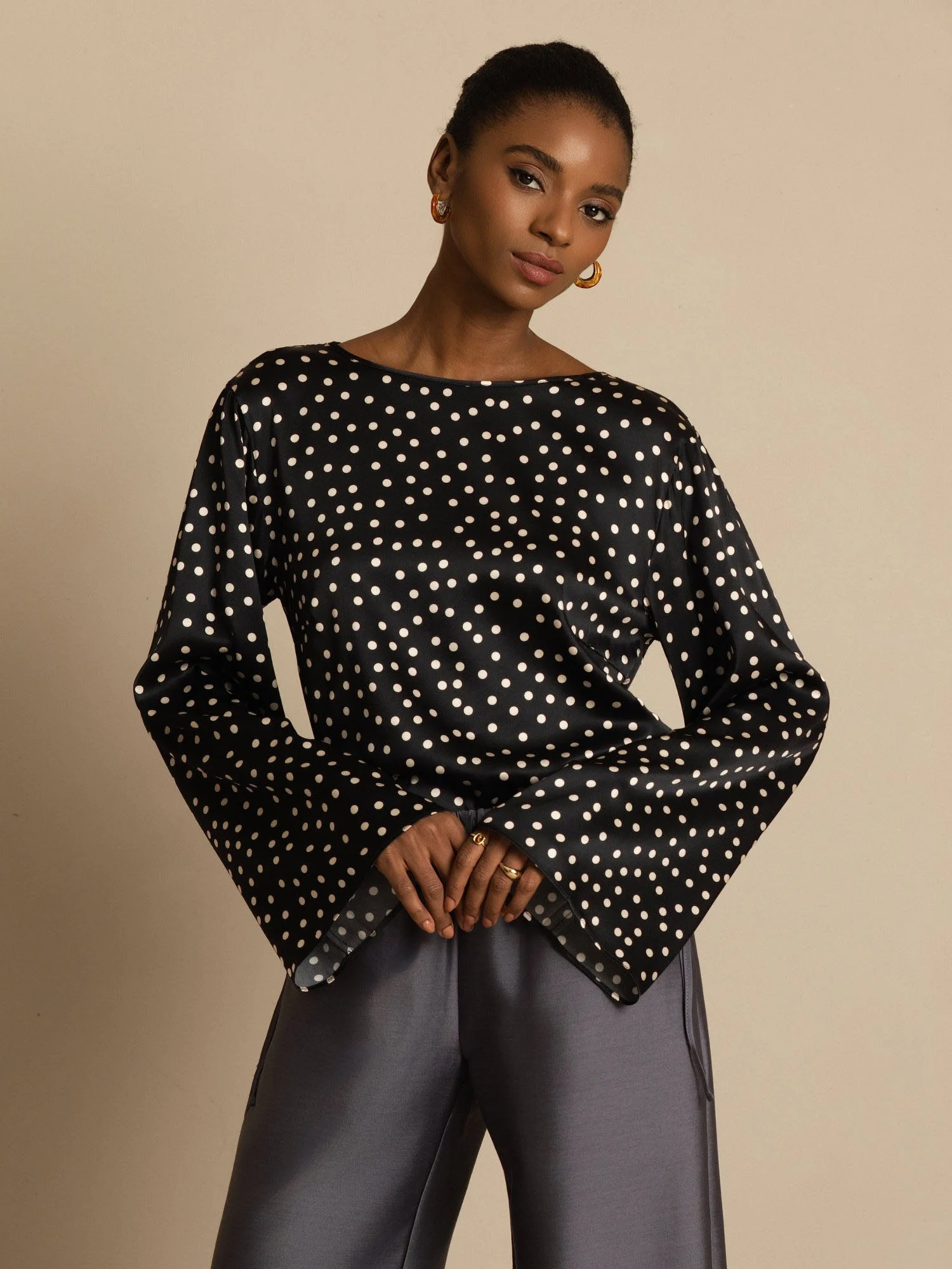 19Momme Women's Silk Polka Dot Print Bell Sleeve Boat Neck Top