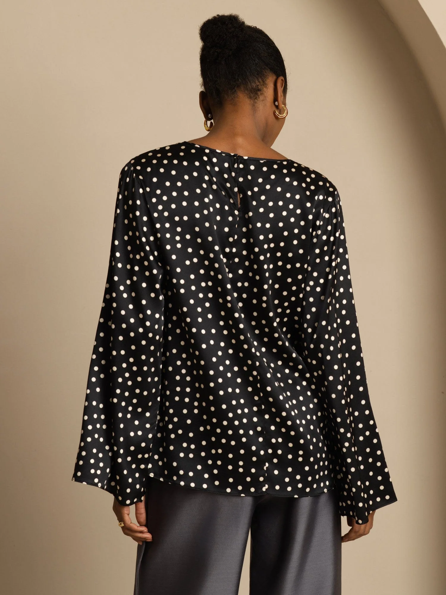 19Momme Women's Silk Polka Dot Print Bell Sleeve Boat Neck Top - Image 2