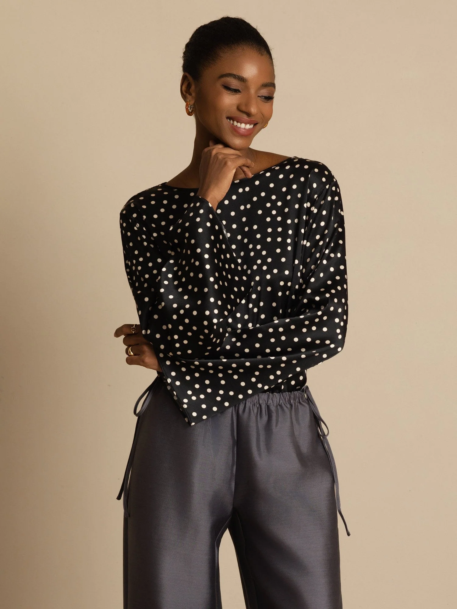 19Momme Women's Silk Polka Dot Print Bell Sleeve Boat Neck Top - Image 3