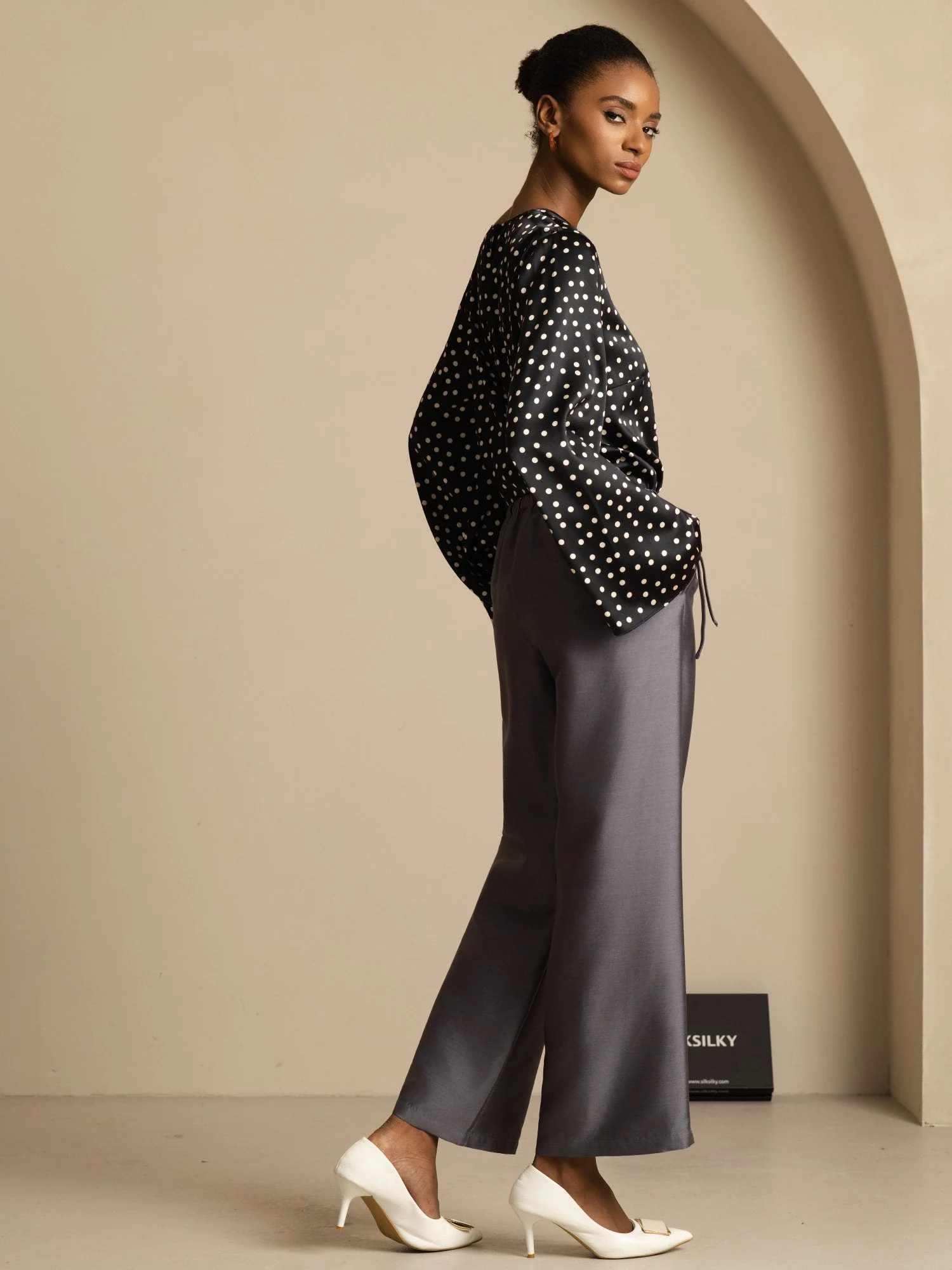 19Momme Women's Silk Polka Dot Print Bell Sleeve Boat Neck Top - Image 7