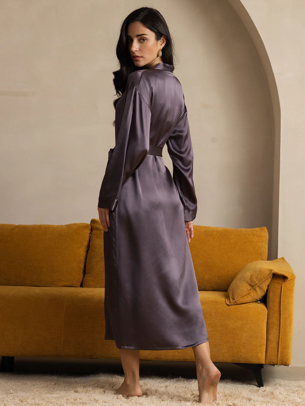 Pure Silk Long Sleeve Midi Women's Dressing Gown - Image 7
