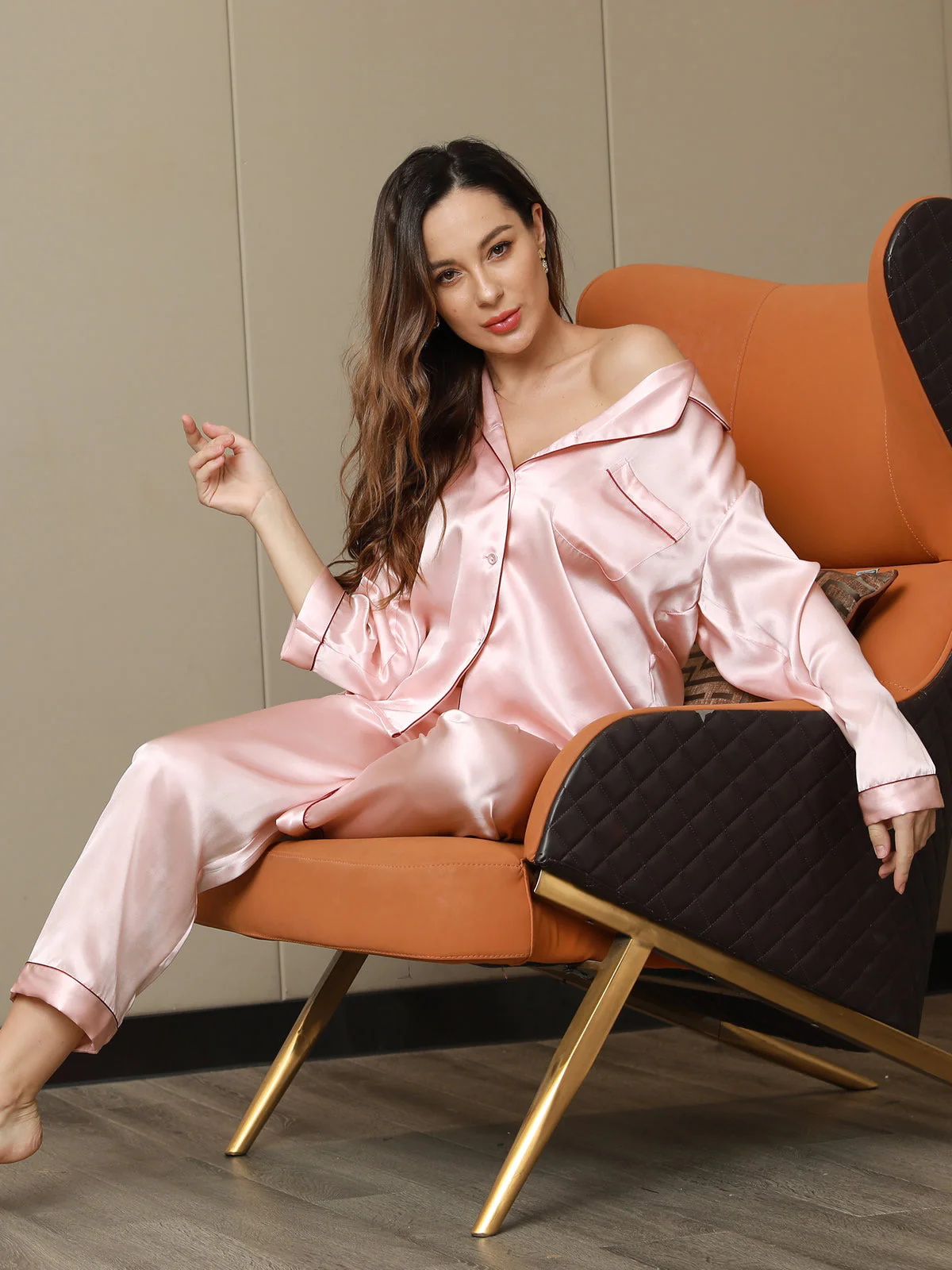 Pure Silk Notch Collar Button Up Women's Pyjamas Set - Image 30
