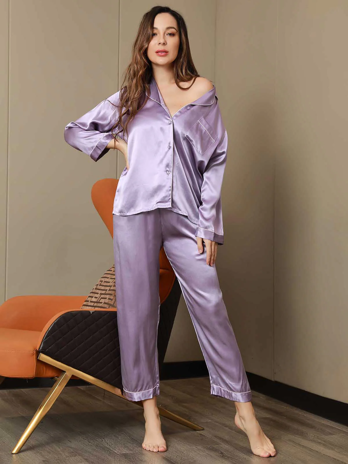 Pure Silk Notch Collar Button Up Women's Pyjamas Set - Image 50