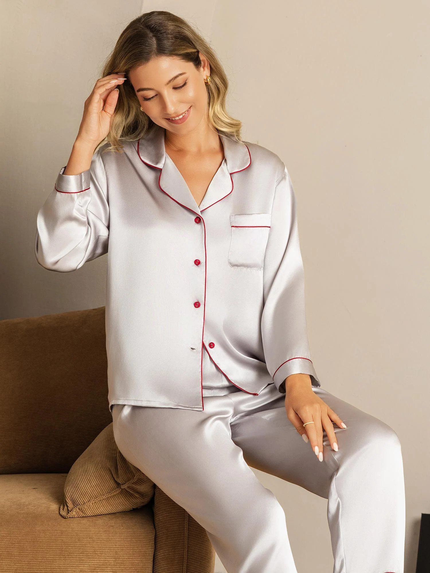 Pure Silk Notch Collar Button Up Women's Pyjamas Set - Image 86