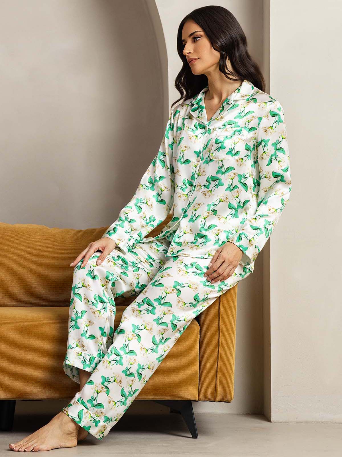 Women's Pure Silk Green Floral Print Long Sleeve Notch Collar Pajamas Set - Image 5