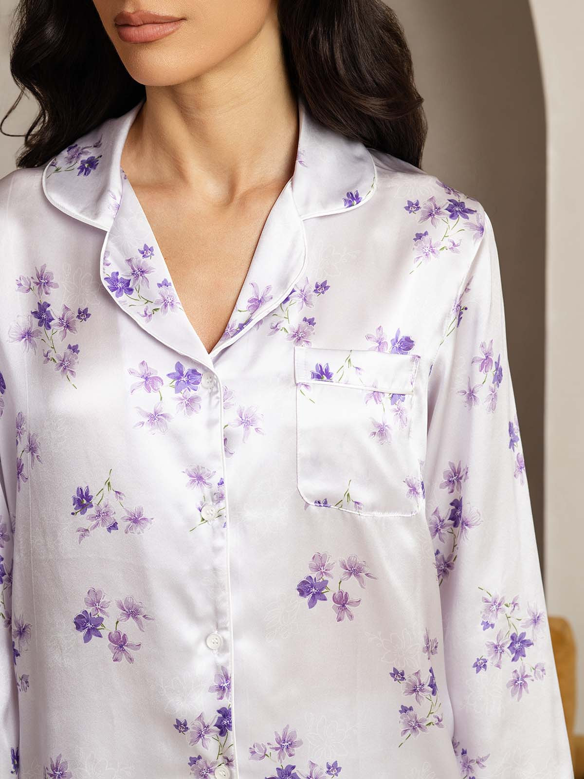 Pure Silk Lilac Bloom Print Long Sleeve Notch Collar Women's Pajamas Set - Image 5