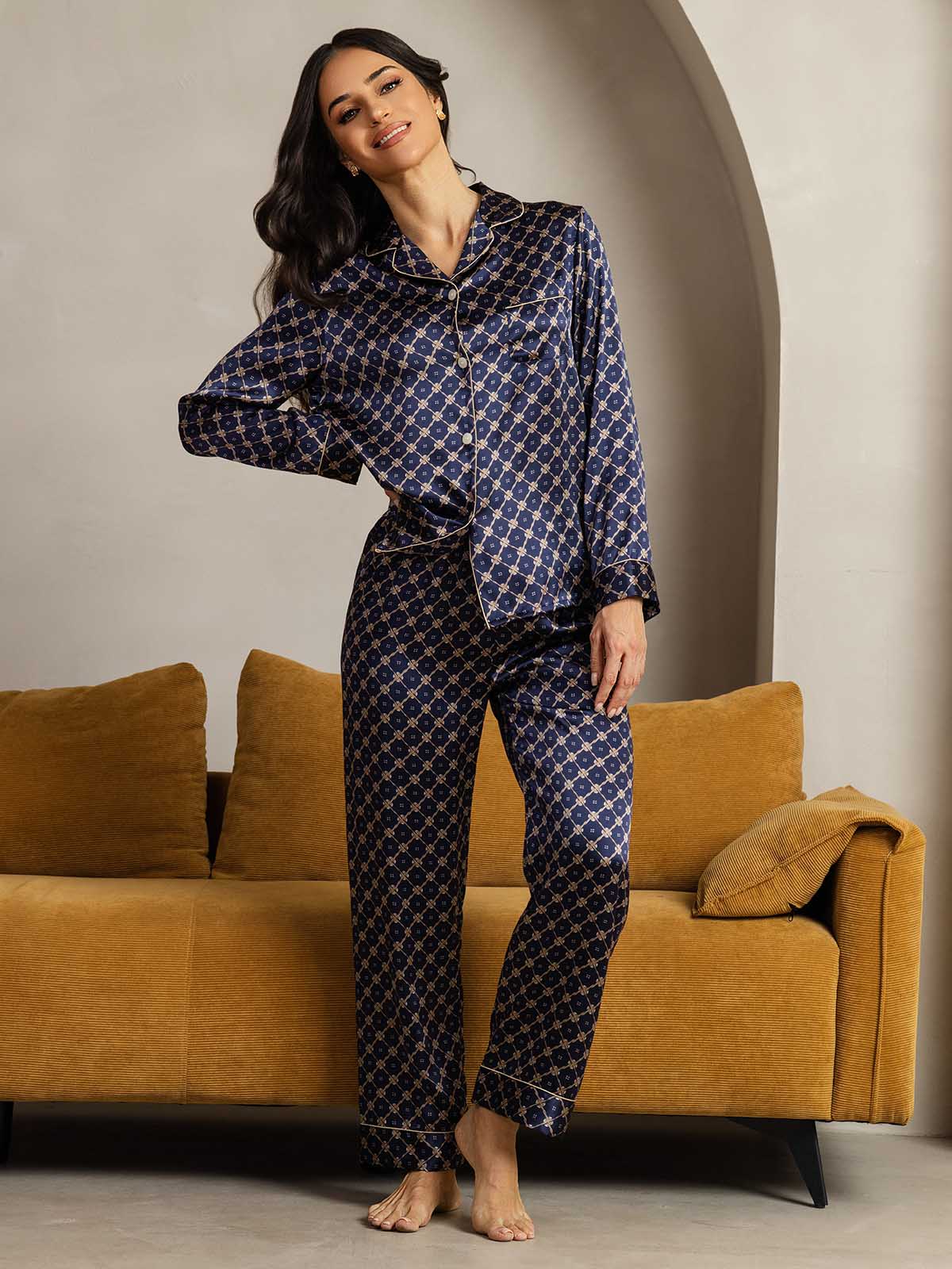 Pure Silk Navy Chain Print Long Sleeve Notch Collar Women's Pajamas Set - Image 2