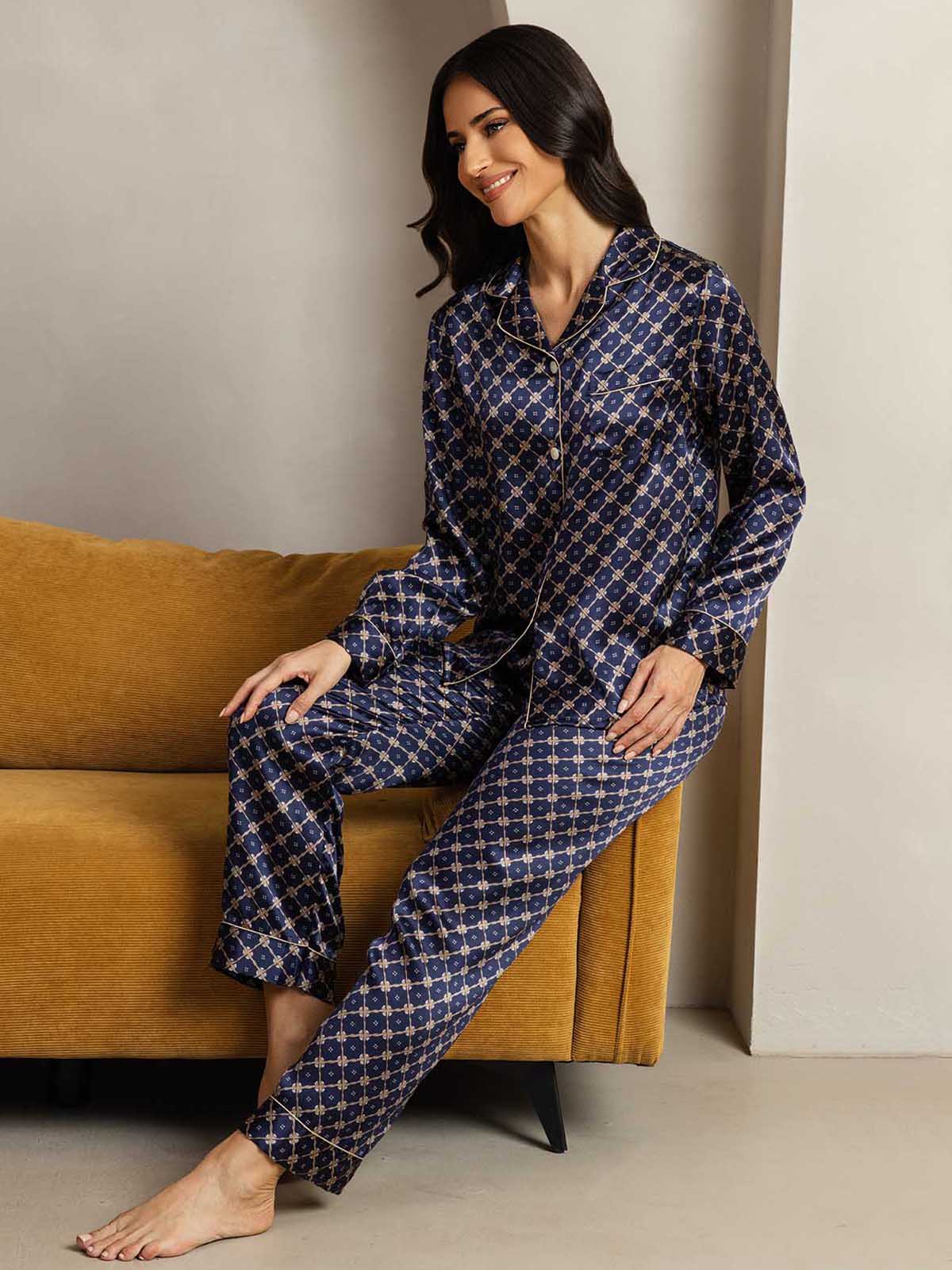 Pure Silk Navy Chain Print Long Sleeve Notch Collar Women's Pajamas Set - Image 4