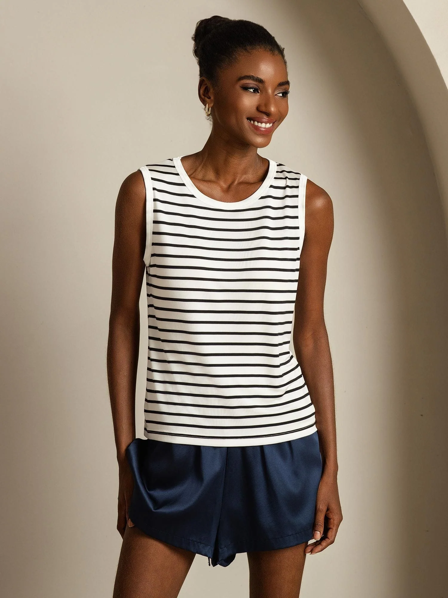 Women's Pure Silk Round Neck Sport Stripe Print Tank Top
