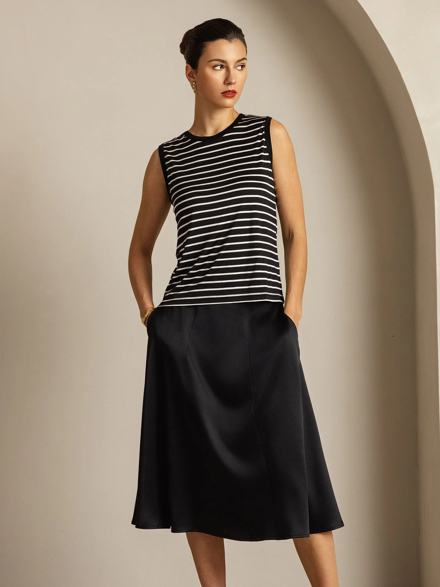 Women's Pure Silk Round Neck Sport Stripe Print Tank Top - Image 14