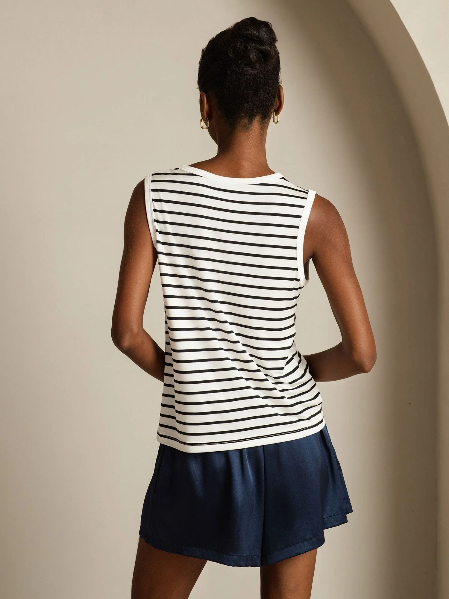 Women's Pure Silk Round Neck Sport Stripe Print Tank Top - Image 2
