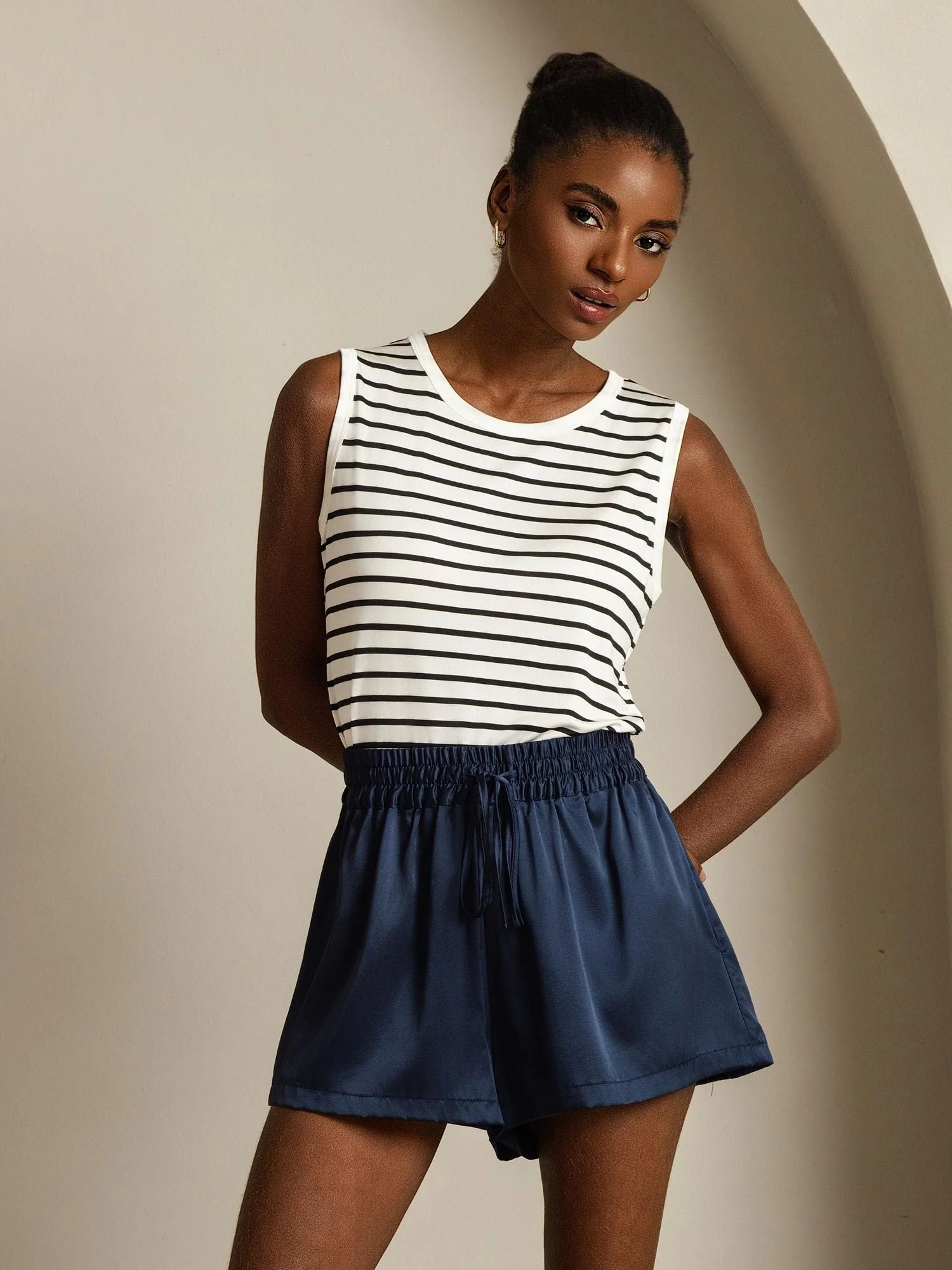 Women's Pure Silk Round Neck Sport Stripe Print Tank Top - Image 7