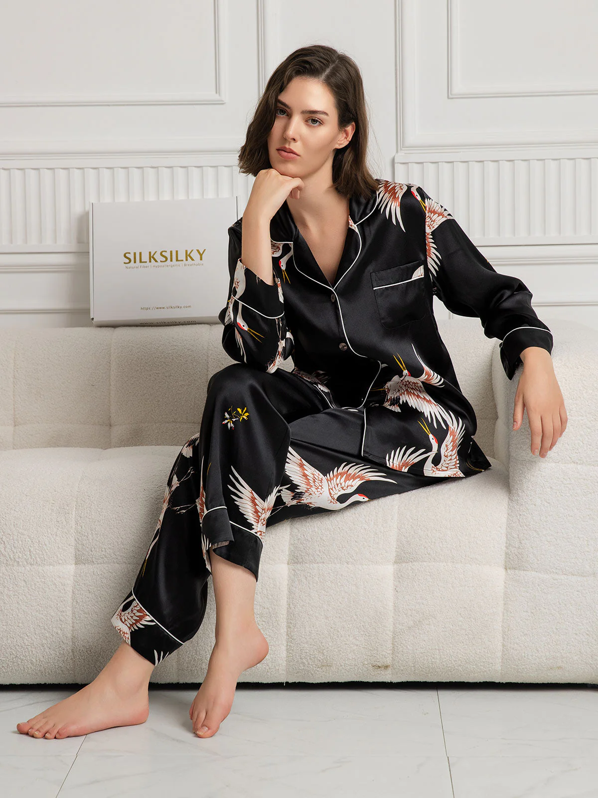 19Momme Pure Silk Crane Print Women's Long Sleeve Notch Collar Pyjamas Set - Image 10