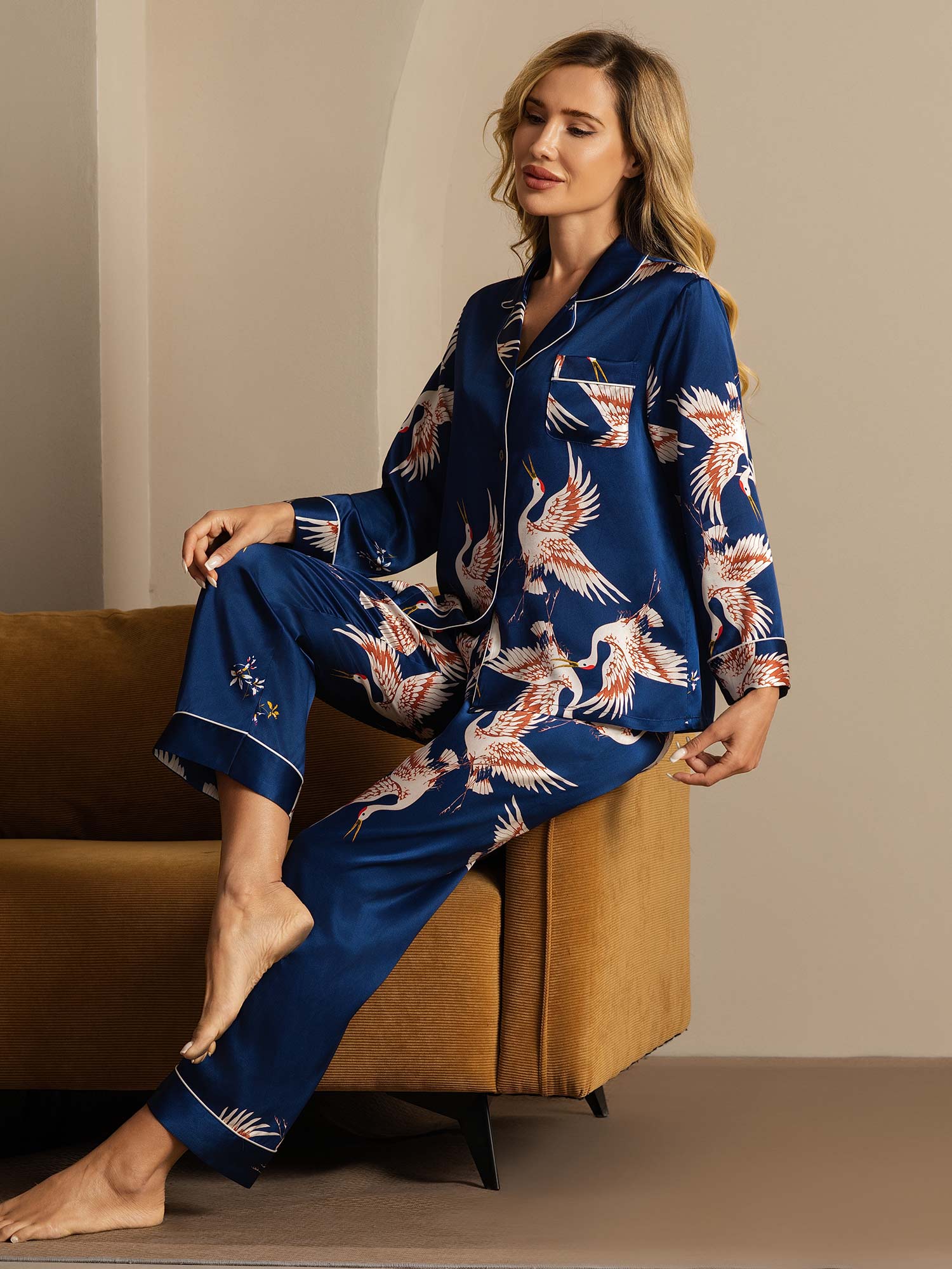 19Momme Pure Silk Crane Print Women's Long Sleeve Notch Collar Pyjamas Set - Image 20