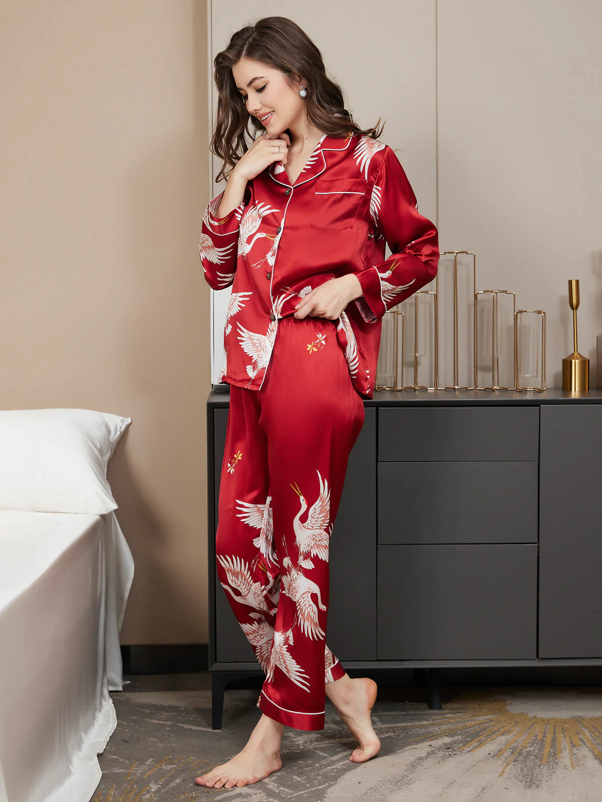 19Momme Pure Silk Crane Print Women's Long Sleeve Notch Collar Pyjamas Set - Image 25