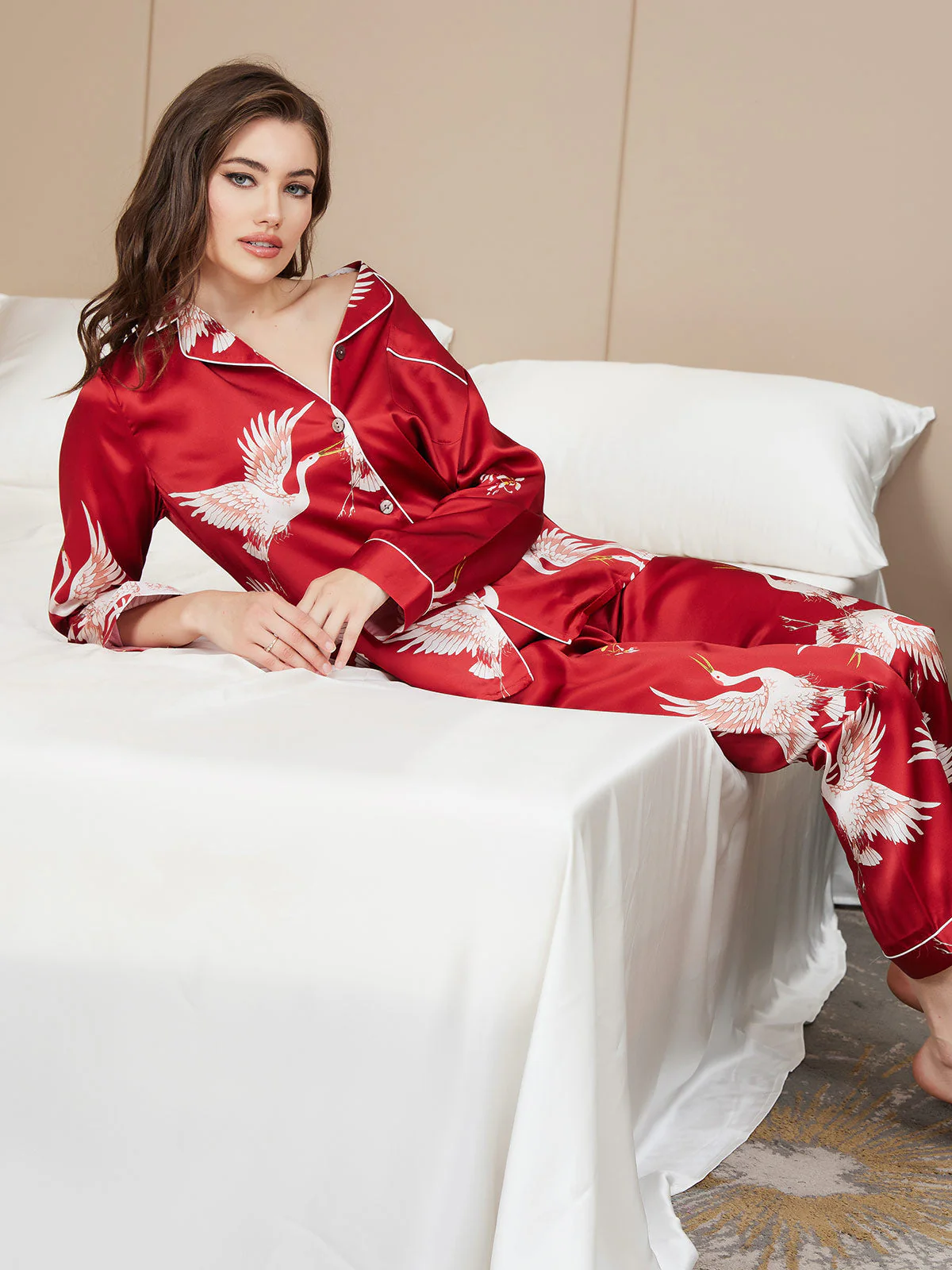 19Momme Pure Silk Crane Print Women's Long Sleeve Notch Collar Pyjamas Set - Image 29