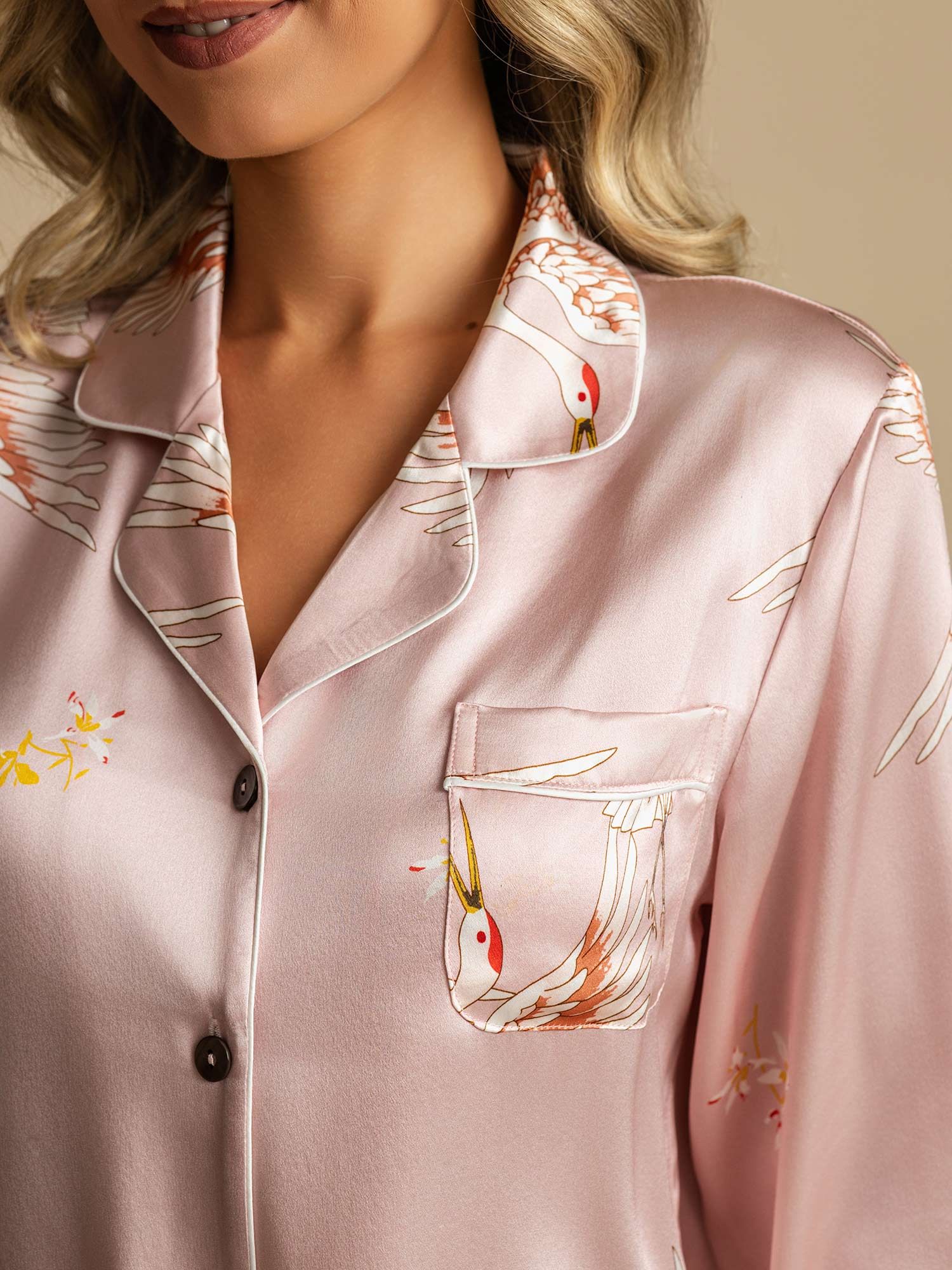 19Momme Pure Silk Crane Print Women's Long Sleeve Notch Collar Pyjamas Set - Image 4